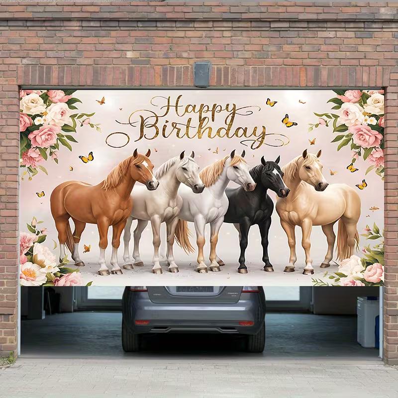 2D Rosa Blumiges Pferd Geburtstagsbanner, Reitsport-Thema Partydekoration Hintergrund