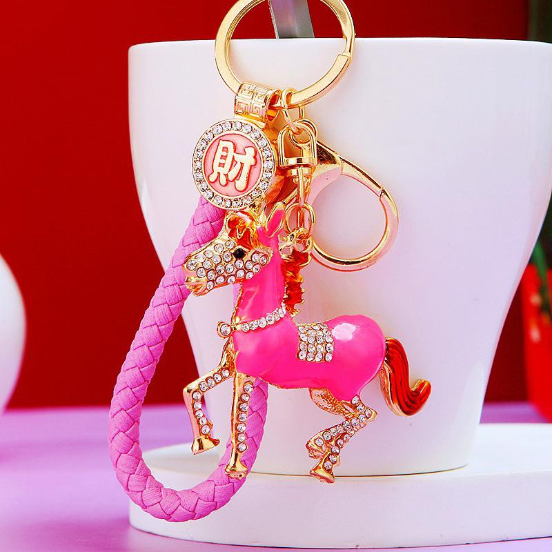 Rhinestone Pony Car Keychain Metal Bag Pendant Keychain Ring Year Of The Horse Zodiac Charm
