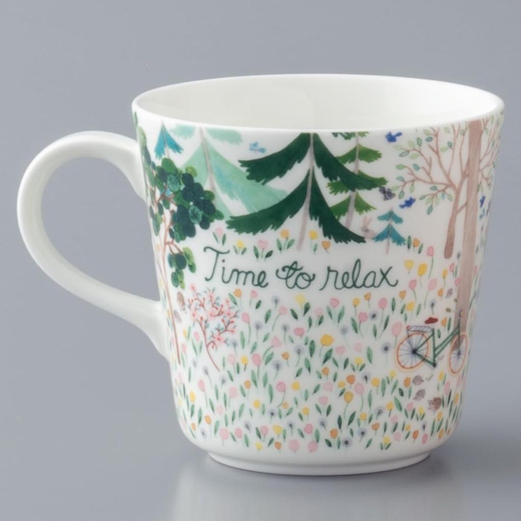 NARUMI Anna Emilia to Green Floral Cute Nordic Gift Mug, 340cc, "Time Relax" Design, Design, Large, Microwave-Safe, Dishwasher-Safe, Boxed,