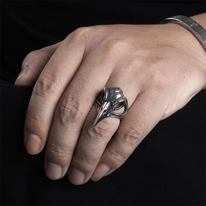 Anillo Abierto Ajustable Hombres Mujeres Vintage Punk Calavera Cabeza de Cuervo Pájaro Joyería Gótica de Plata Esterlina