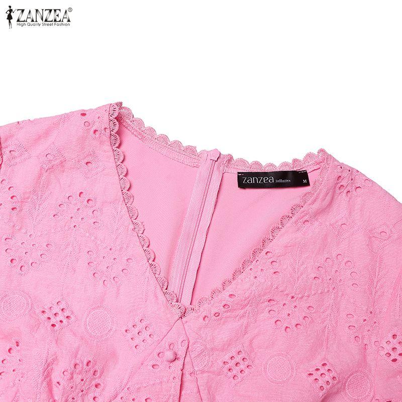 ZANZEA Women Elegant Crochet Patchwork Casual V-neck Short Sleeve Dress