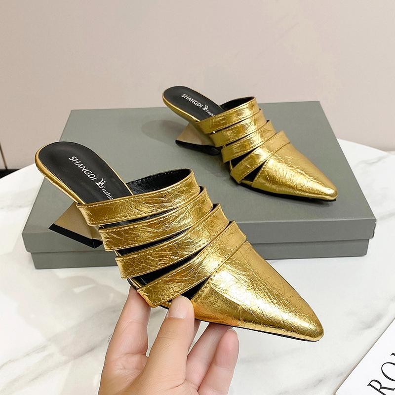 Fashion Fashionable Retro Versatile Thick Kitten Heel Fashion Baotou Half Slippers Women Wear Pointed Toe Cool Mopping in Autumn