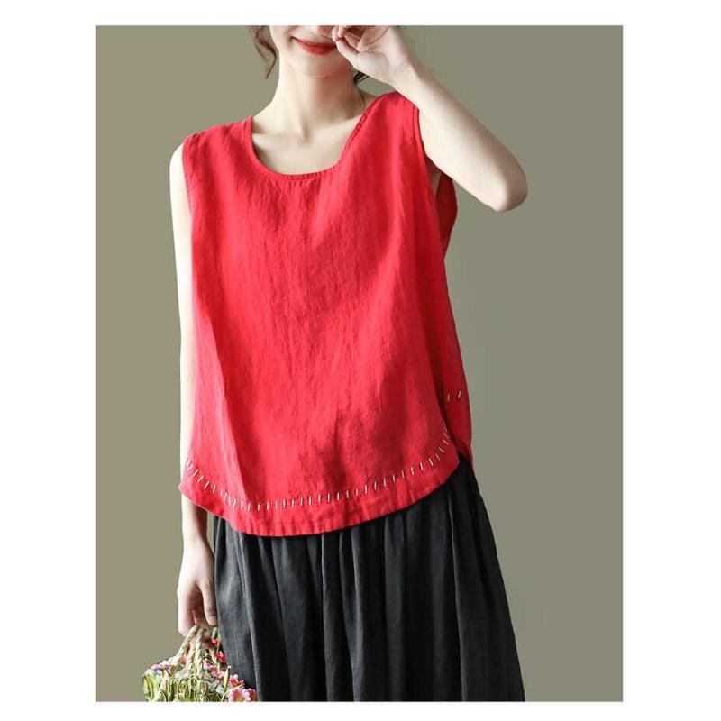 Solid Color Cotton and Linen Embroidered Vest T-shirt Women's Summer Loose Casual Sleeveless Top