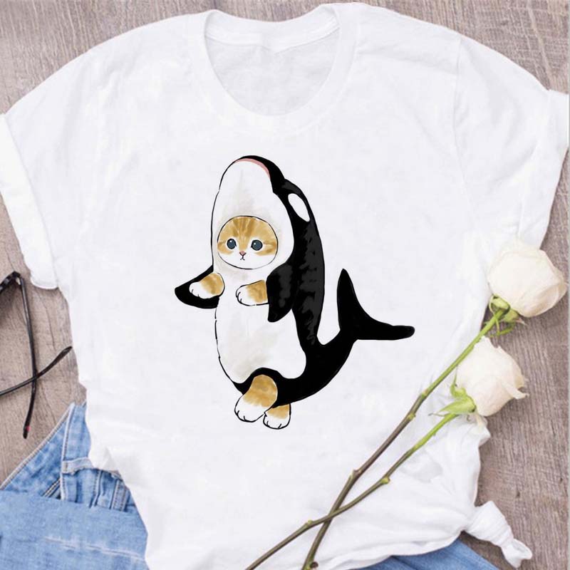 

Женские футболки с милыми кошками и принтом Kawaii, женская футболка, модная женская одежда, забавные футболки S