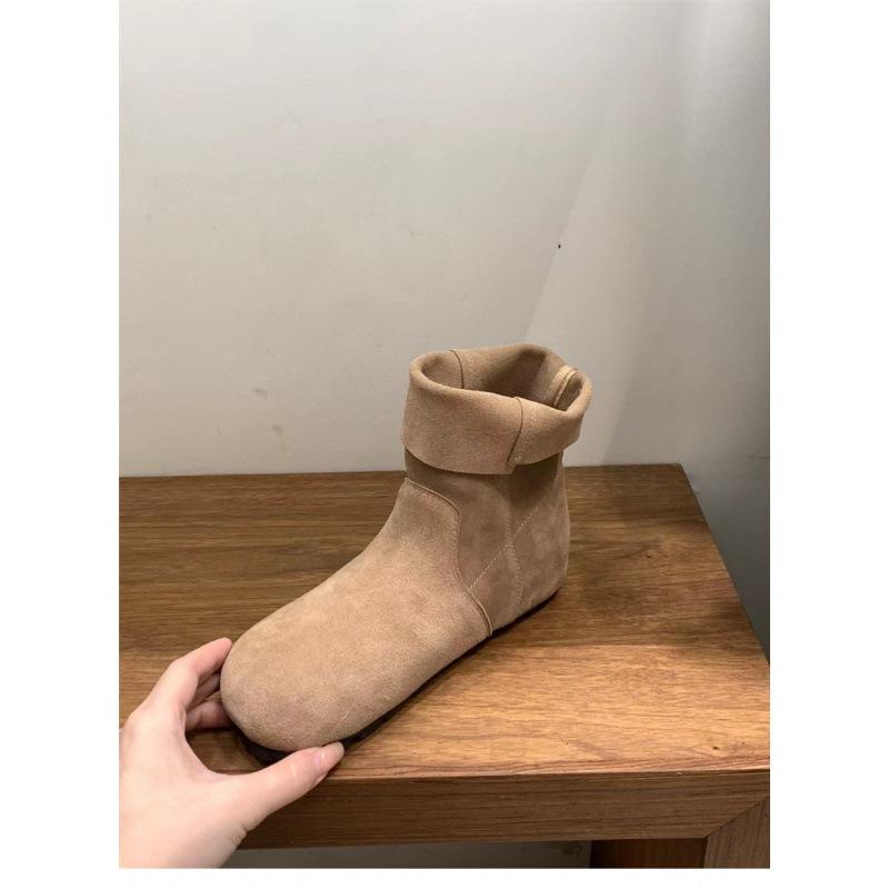 Autumn and winter round head flat bottom thin short boots women's retro literary and artistic fur versatile temperament comfortable Martin boots