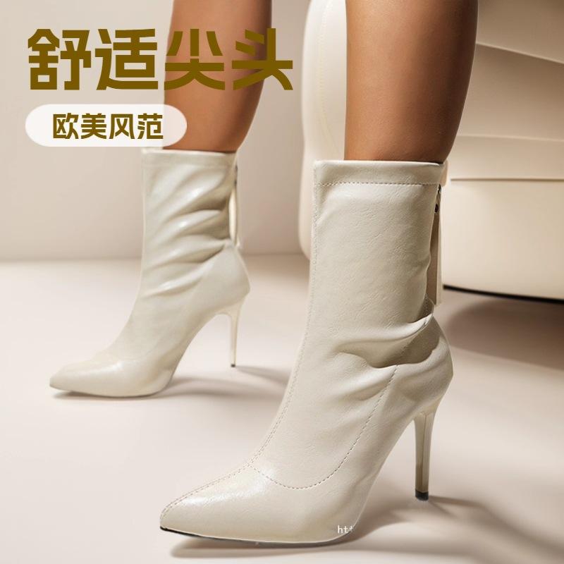 2025 autumn new thin heel short fashion boots wish European and American style pointed high heel leather boots women's rear zipper