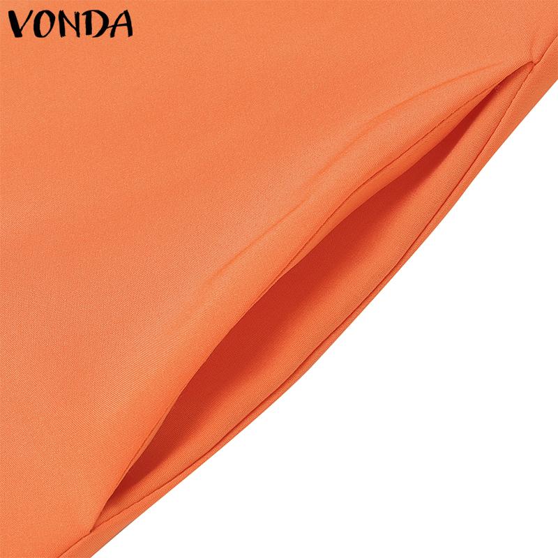 VONDA Summer Women Round Neck Sleeveless Solid Color Holiday Beach Long Pleated Dress