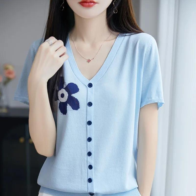 Women's Summer Fresh V-Neck Fake Cardigan Knit Top Floral Embroidered Ice Silk Short Sleeve Tee