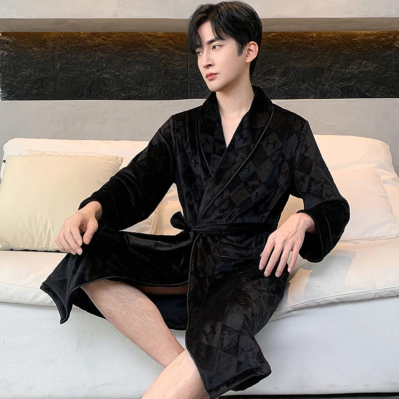 Men's Sea Island Velvet Fleece-Lined Bathrobe - Autumn/Winter Plus Size Homewear Pajamas