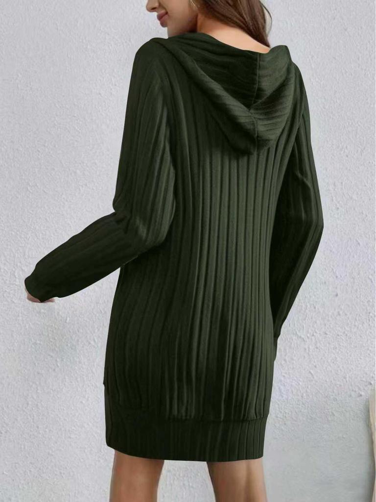 2025 Autumn/Winter Knit Hooded Ribbed Pocket Long Sleeve Dress for Women