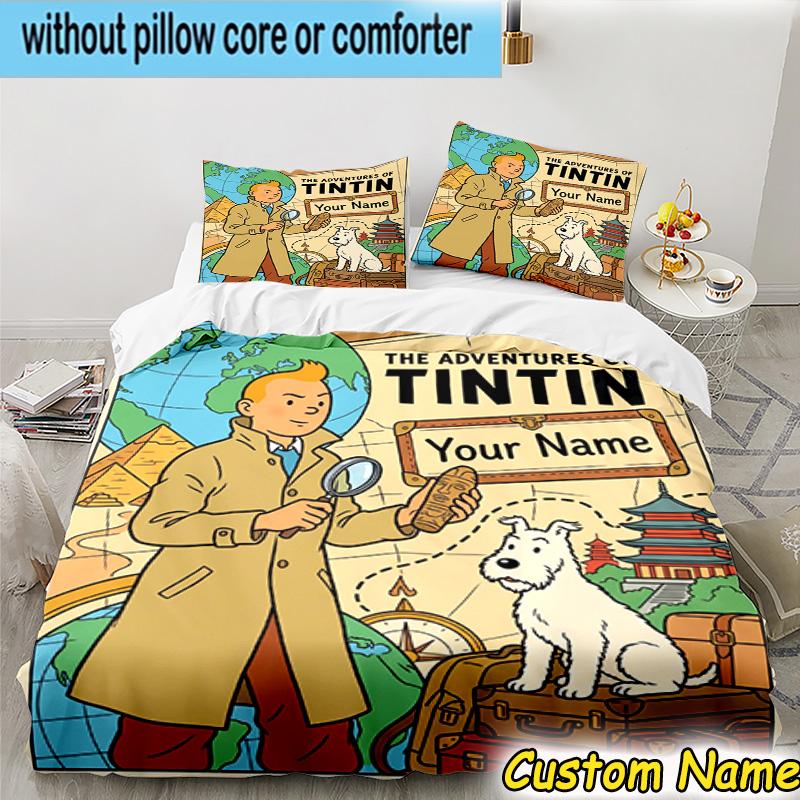 3pcs Custom Name Tintin's Adventure City Bedding Set Includes 1 Duvet Cover & 2 Pillowcases for All Seasons Dormitory Home Decor Christmas gifts