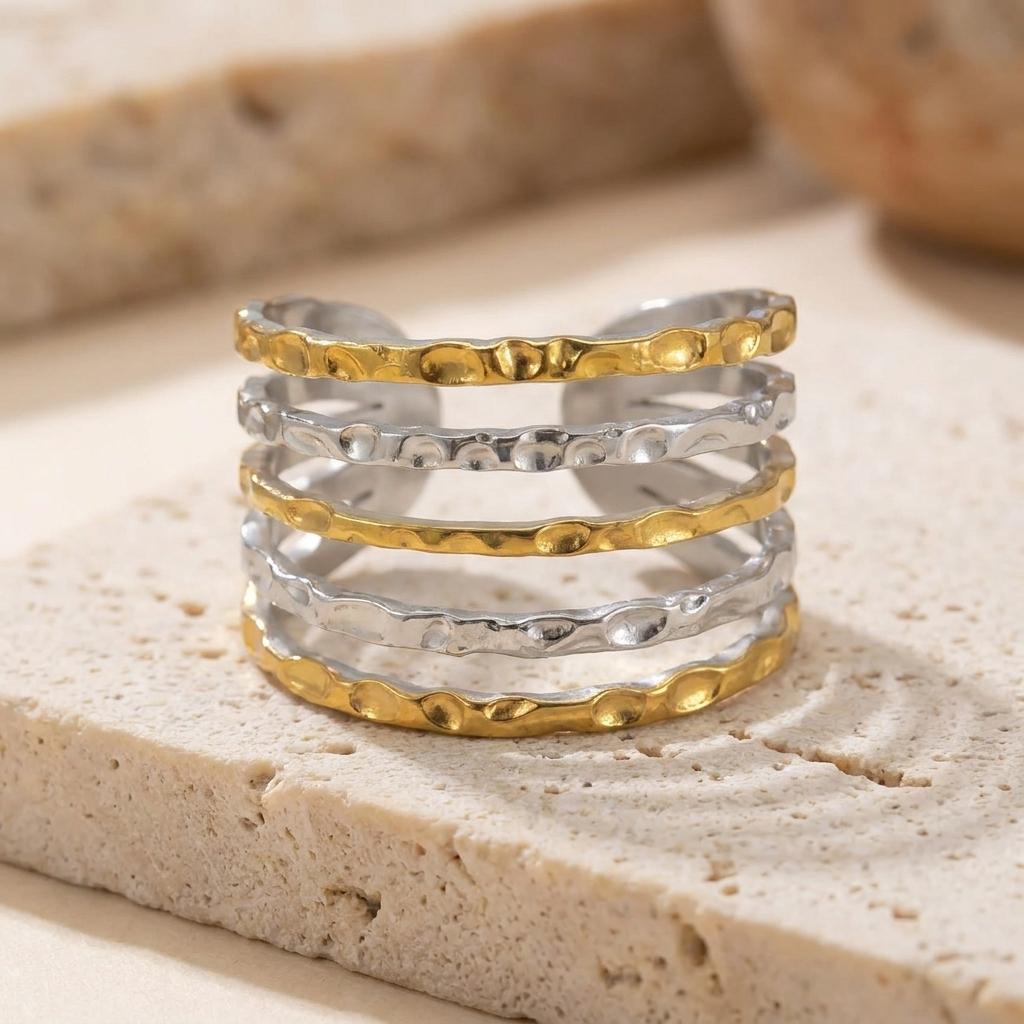 Multi-Style Sun Stainless Steel Open Ring Set for Women Vintage Hammered Twisted Rings Party Stackable Jewelry Gift
