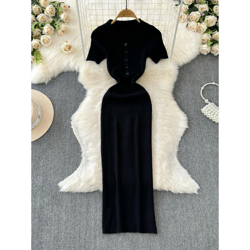 2024 Summer Korean New Elegance Retro Elegant Short Sleeve Polo Collar Waist-Tight Slimming Knitted Hip-Wrapped Dress