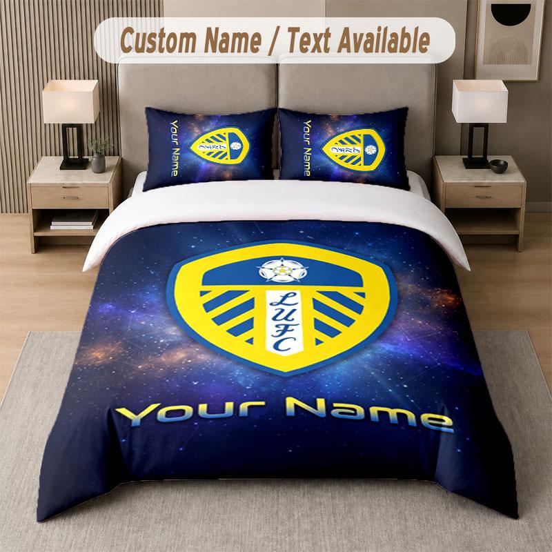 Custom Bedding Set Leeds United Pattern, Print Name Text 1 Duvet Cover Plus 2 Pillowcases Home Textile