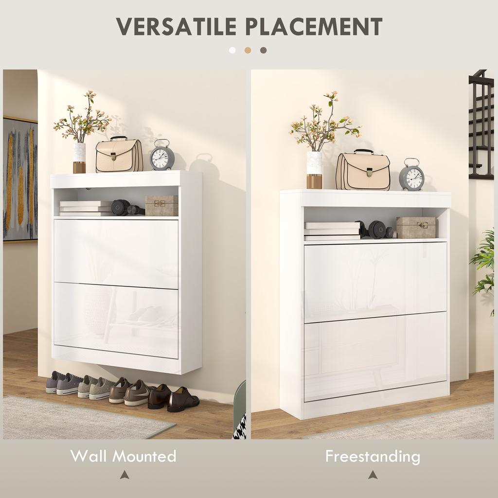 16 Shoe Pair Storage Cabinet With Flip Doors High Gloss White