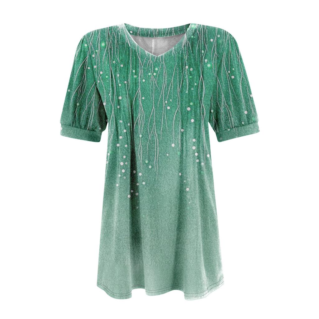 Damen Puff Kurzarm Boho Shirt Casual V Ausschnitt Sommer Shirt Plissee Casual Tunika Top