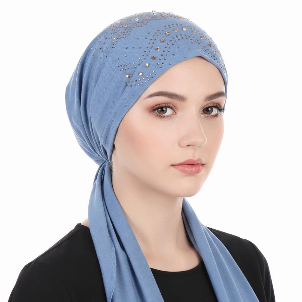 Solid Color Muslim Headscarf Hat Thin Summer Rhinestone Hijab Caps Ramadan