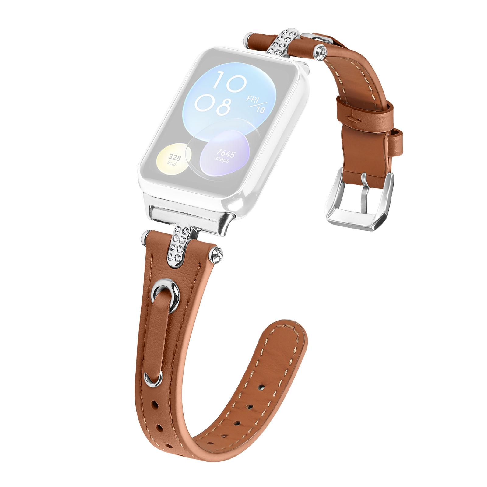 

For Xiaomi Smart Band 8 Pro Slim Strap Rhinestone Genuine Cow Leather Watch Band (Silver Buckle) Brown