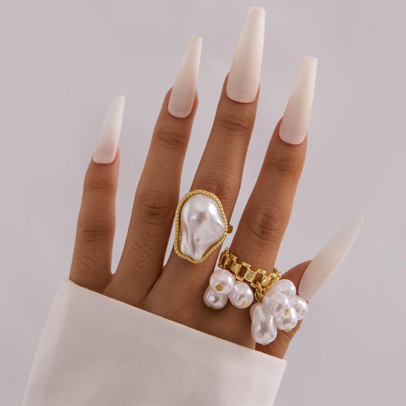 Accessories, Baroque special-shaped hollow pearl ring, geometric pendant stacked iron ring set