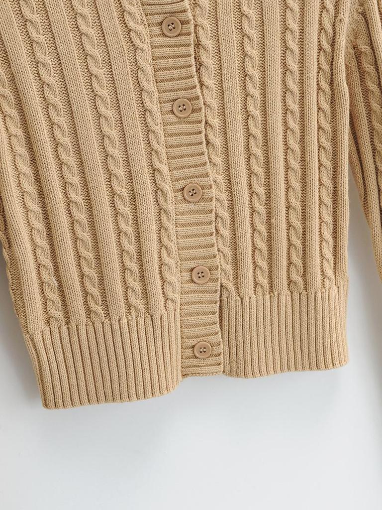 European & American Style Solid Color Cable Knit Cardigan - Round Neck, Single-Breasted, Long Sleeve Top for Women