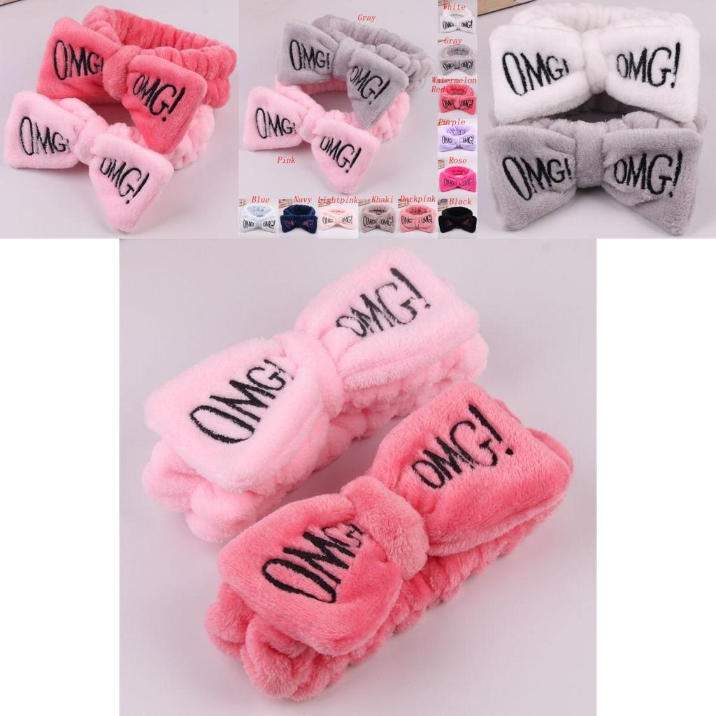 Versatile Candy Color Omg Letters Bow Headband Coral Fleece For Daily Facial Routines