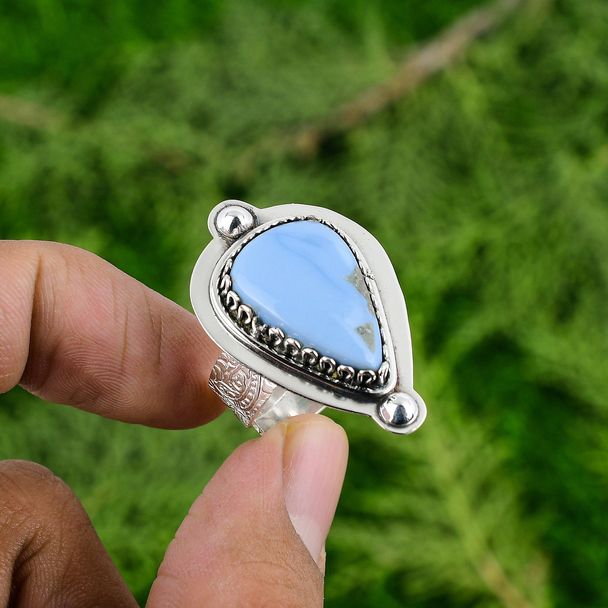 

Sterling Silver Natural Owyhee Blue Opal Daughter Promise Unique Engagement Ring Adjustable