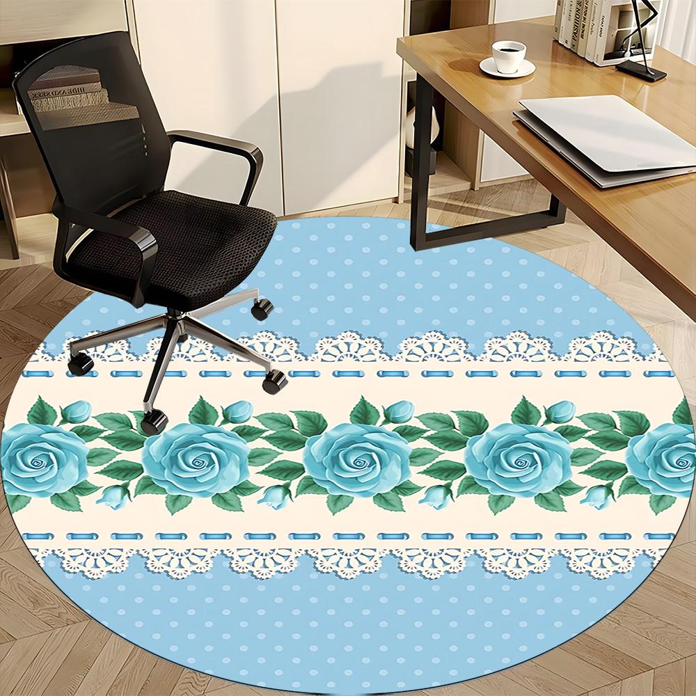 1pc Blue Rose Lace Pattern Office Round Rug, Carpet for Office, Gaming, Lightweight Round Floor Mat Yy260208029