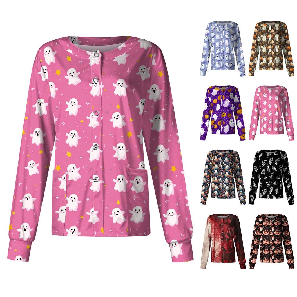 Women's Casual Fashion Single Breasted  Halloween Graphic Printed Nurses Tops