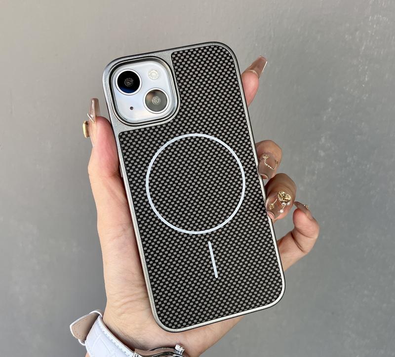 

Чехол для телефона с текстурой из углеродного волокна и беспроводной зарядкой на магните для iPhone 16 Pro Max 15 Pro 14 13 12 для Magsafe, ударопрочный, тонкий, жесткий чехол-бампер из ПК iPhone 13 Pro серый