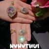 Brushed Meridian Flower Gemstone Ring Vintage Plated 18K Gold, Lock Zircon Ring