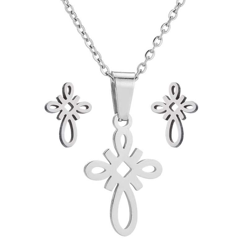 Stainless Steel Wave Pendant Necklace & Geometric Ear Stud Jewelry Set