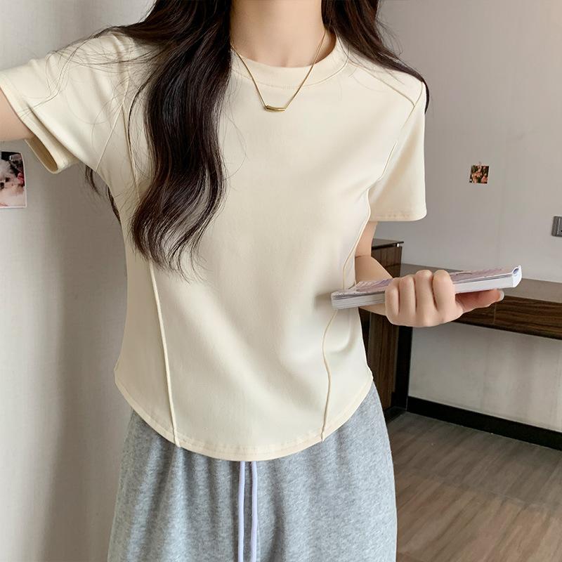 Round Neck Short Sleeves Straight Shoulder Slimming Fish Bone Shirt New Summer Irregular Base T-shirt Women's Top