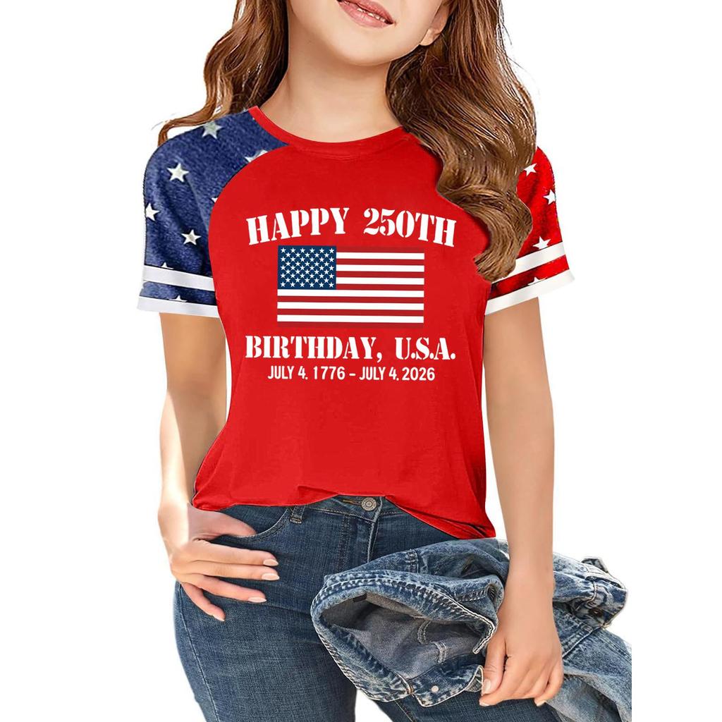 Kids Independence Day Printed Crew Neck Short Sleeve Casual T Shirt USA Map Graphic Raglan Sleeves Tee for Boys Girls Summer Wear