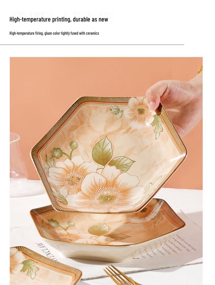 European Jasmine Rhombus Ceramic Dinnerware Set - Includes Small Plates, Fruit Plates, and Dinner Plates.