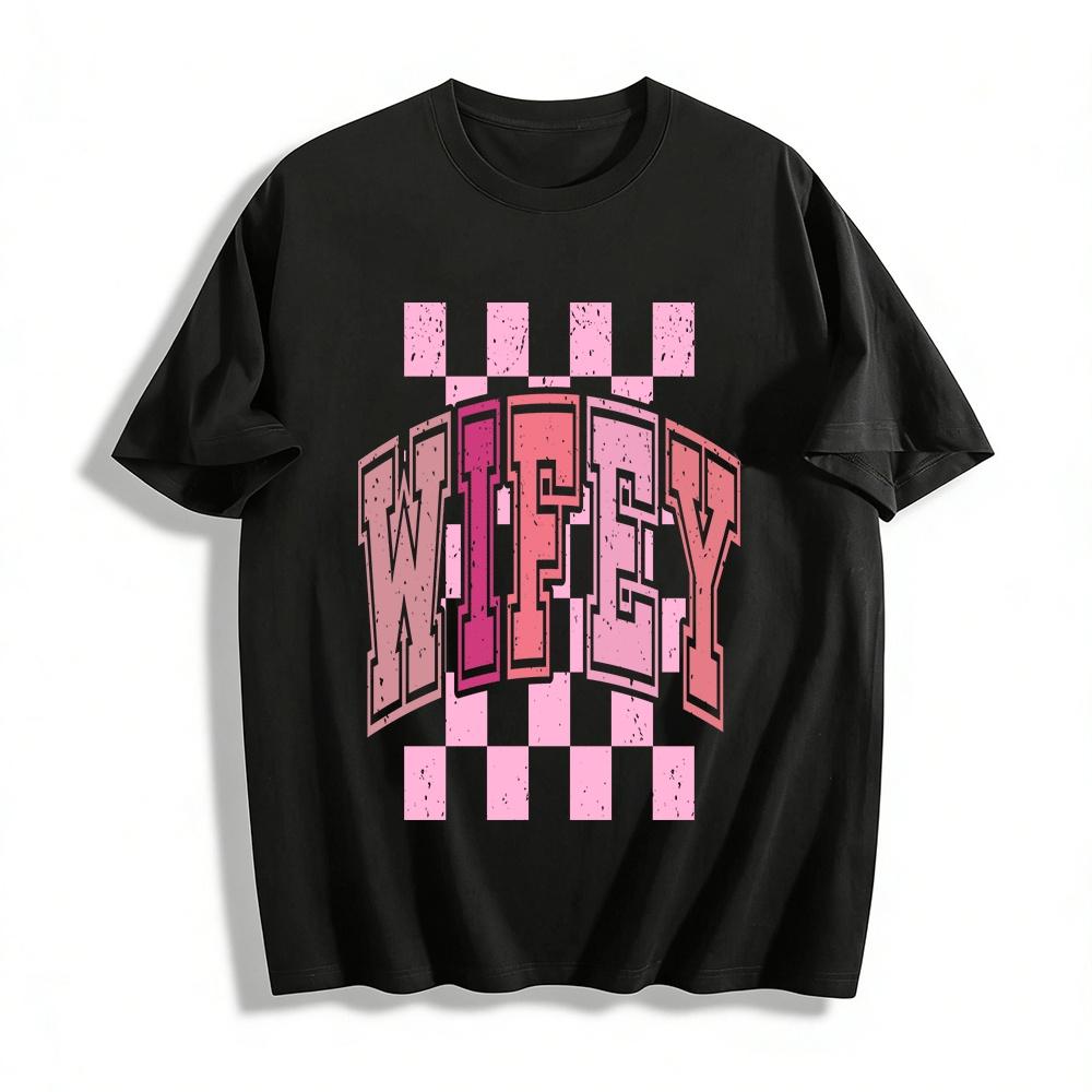College Style WIFEY Checkerboard Print Casual Top Pure cotton T-shirt XXS
