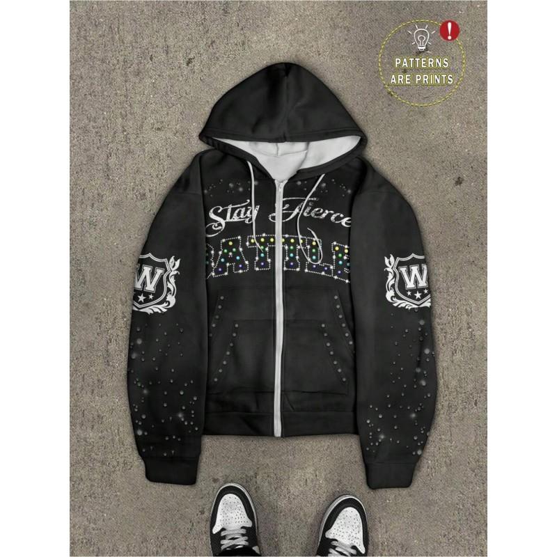 Casual Dark Thorn Print Zip-Up Hoodie Couples Regular Weight