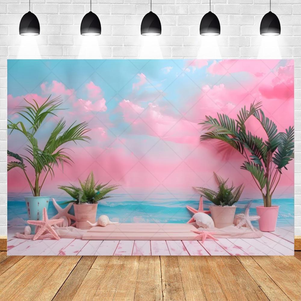 Summer Beach Photography Backdrop Hawaiian Pink Tropical Ocean Seaside Surfboard Kids Birthday Holiday Party Photo Background