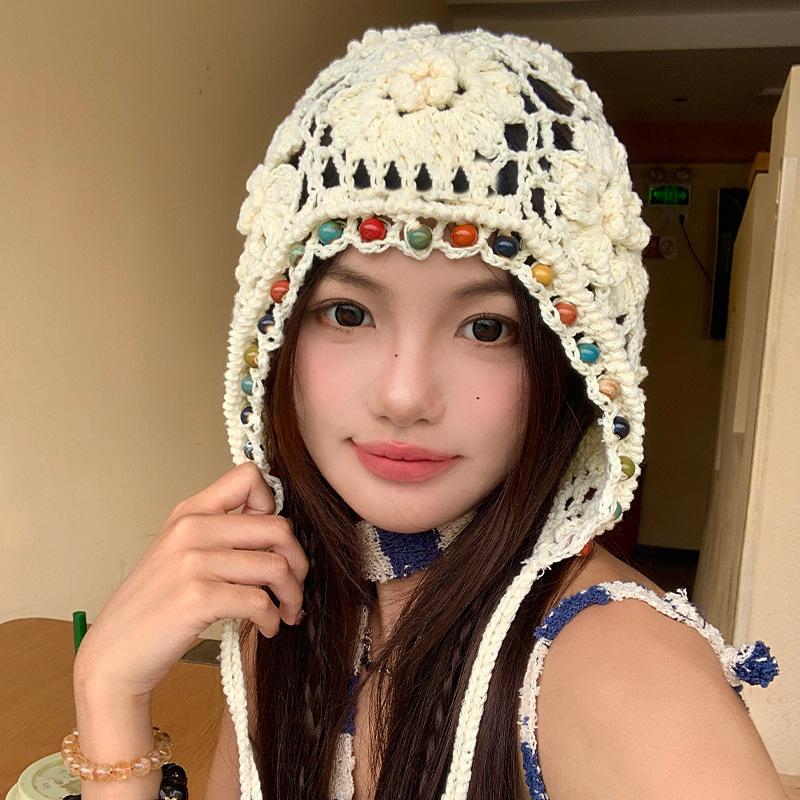 Women's Spring and Summer Retro Ethnic Style Hat Bohemian Flowers Tassel Bag Head Hat Hand Woven Hollow Bag Head Hat