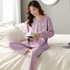 Spring and Autumn Women's Sleepwear Oversized Cotton 2PC Loungewear Set with V-Neck and Ribbed Texture