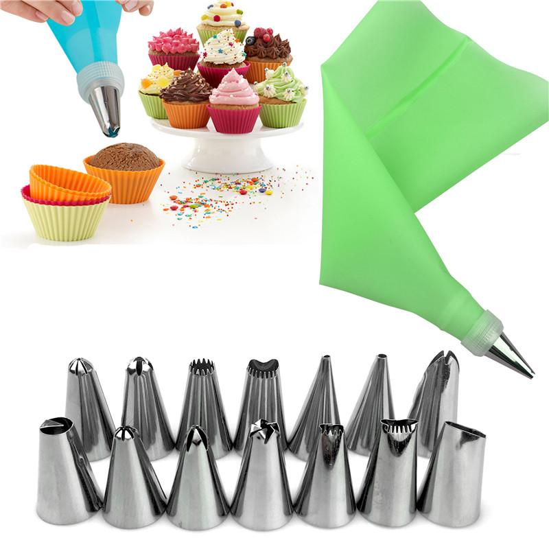 16 PCS/Set Silicone Kitchen Accessories Icing Piping Cream Pastry Bag +14 Stainless Steel Nozzle Set DIY Cake Decorating Tips