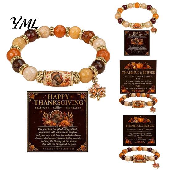 Commemorative Daily Wear Jewelry Thanksgiving Bracelet for Women, Holiday Beaded with Turkey Bucket Bead Maple Leaf Charm, Elastic Stretch Fall