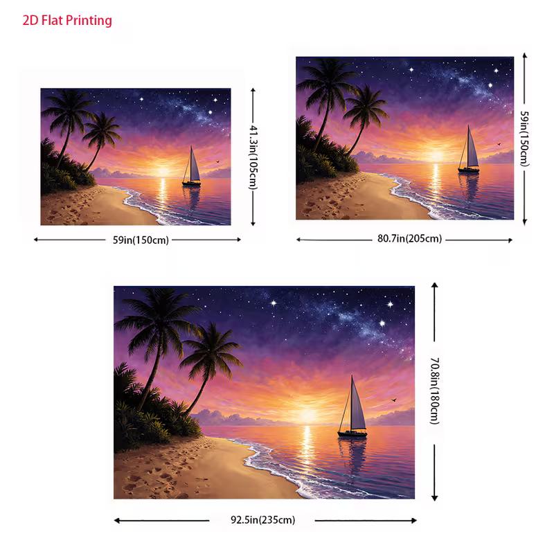 2D Vacation Themed Backdrop, Starry Ocean Sunset with Palm Trees & Sailboat Banner
