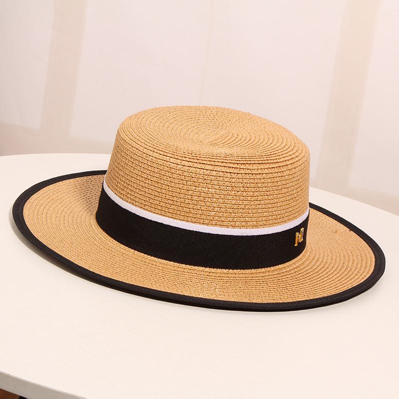 Women's Summer Outing On The Beach Sun Shading Sun Protection Straw Hat  Woven Flat Top British Top Hat
