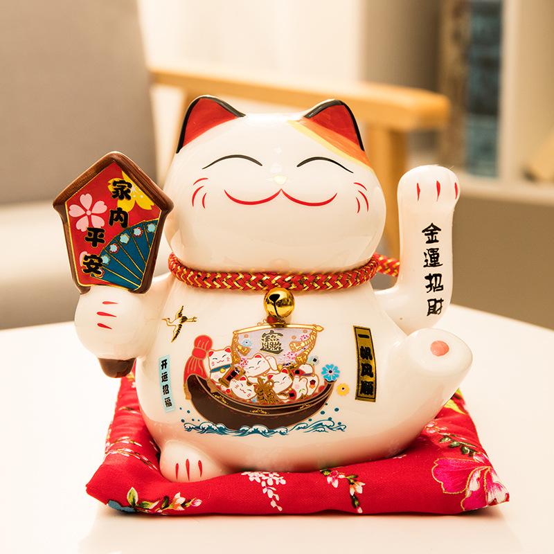 6 Inch Fortune Cat with Waving Arm Ceramic ManekI Neko Feng Shui Ornament Lucky Cat for Shops, Restaurants and Home Deoration