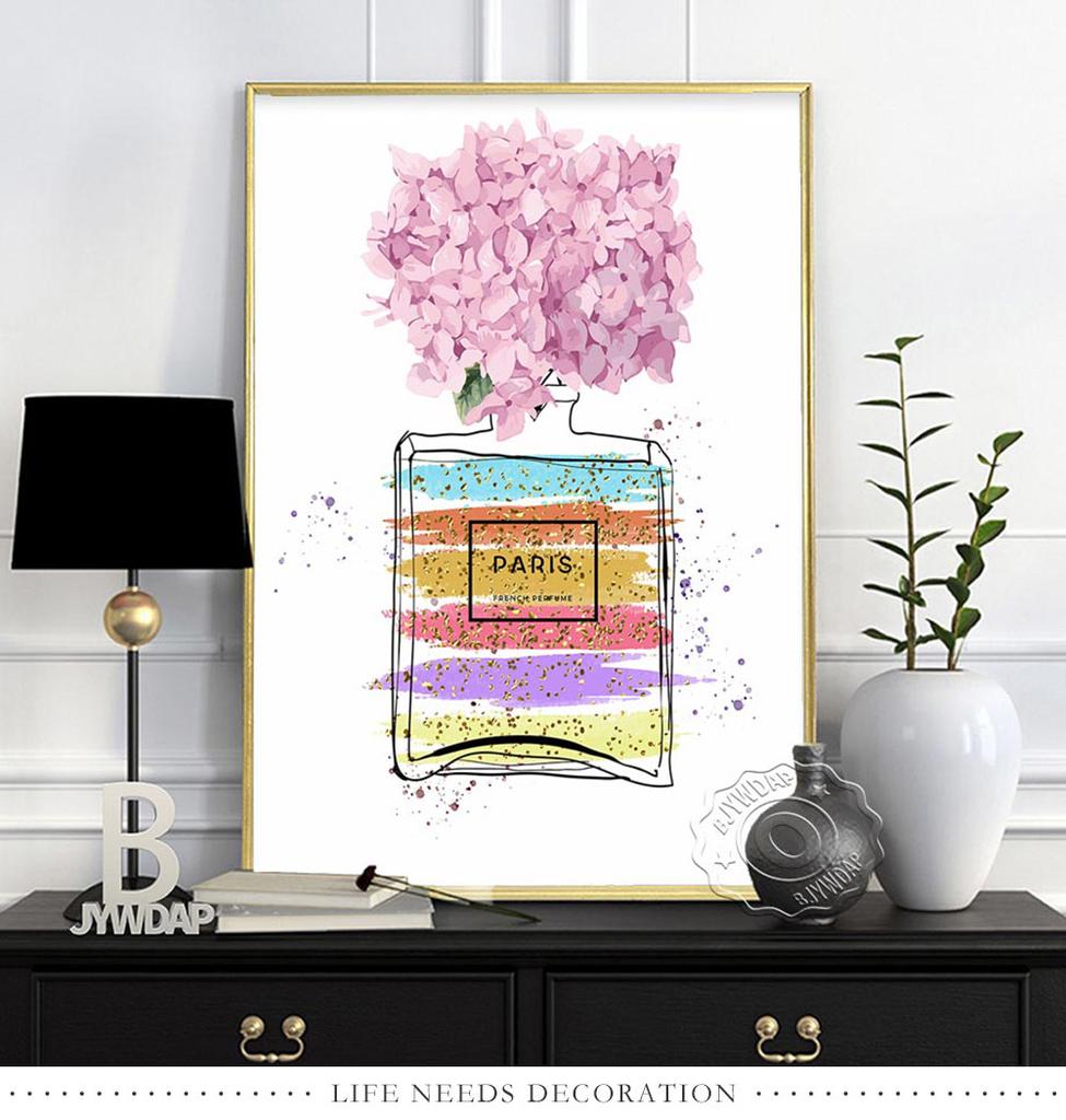 Fashion Illustration Watercolor Floral Prints Art Poster, Flowers Paris Perfume Canvas Painting, Minimalist Wall Decor Girl Gift No Frame