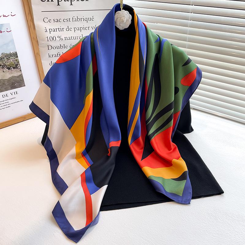Striped Twill Silk Scarf: Large Square Shawl & Sunscreen Travel Headscarf - 90cm, Perfect for Spring & Autumn