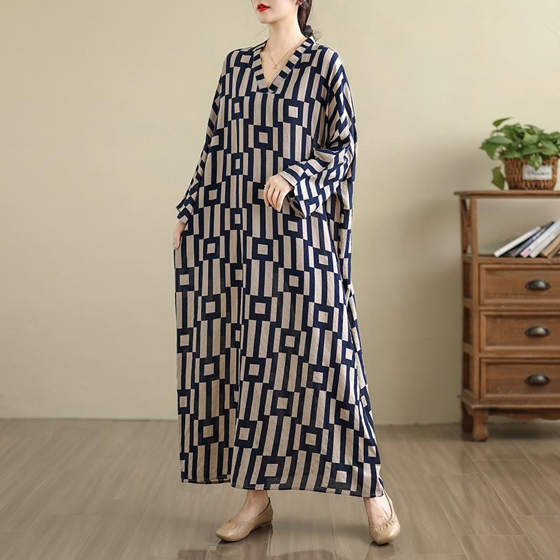 DIMANAF 2025 Women Plus Size Spring Long Dress Loose V-Neck Printing Vintage Casual Floral Oversize Long Sleeve 5031