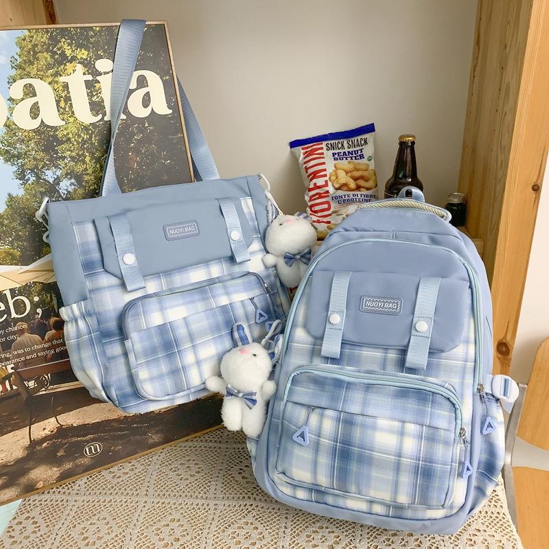 Schoolbag New College Style Women's Plaid Contrast Color Large Capacity Backpack Junior High School Students Elementary School Students Two-piece