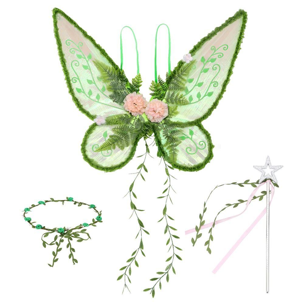 Conjunto de Coroa de Flores e Asas de Fada da Floresta Varinha Mágica Estilo Natureza Fantasia de Fada do Bosque Fantasia para Meninas Adereços de Fantasia para Crianças
