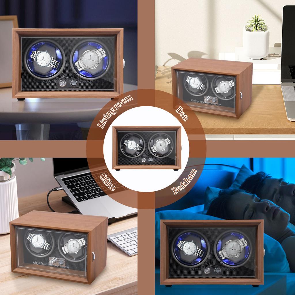 Waterproof Double Watch Winder Luxurious Watch Winder Box with Quiet Motor Multiple Rotation Mode Ambient Light for Collector